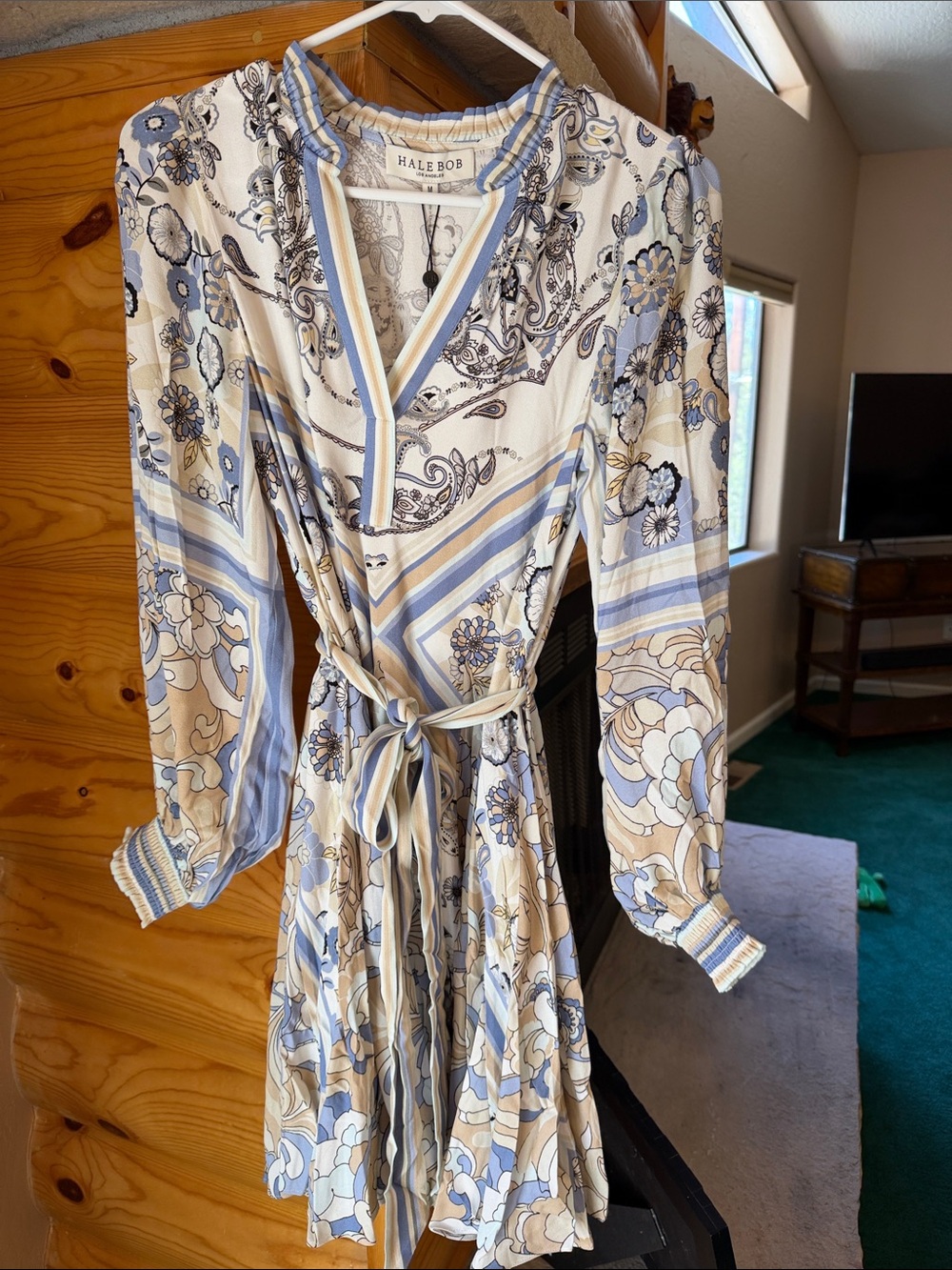 HALE BOB Blue, Cream & Tan Floral Long-Sleeve Wrap Dress